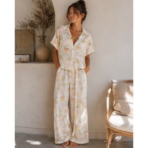 Vine and Valley Tropical Fruit Palm Print Lounge Set Yellow Pink Rayon Small